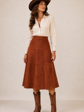 Vintage Design Assets Genuine Suede Leather Skirt Womens 10 Brown Midi Western